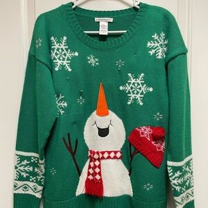 American Living Womens Sz Medium Festive Green Snowman Sweater TOOK OUT WIRES